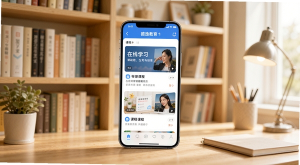 画面中央展示一部智能手机，屏幕上显示德逸教育APP的课程列表界面，背景为明亮的书房环境，书架上摆放各类书籍，整体色调温暖舒适，构图简洁大方，突出在线学习场景