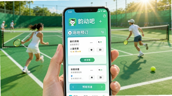 韵动吧app预览图，画面主体为手机界面展示约球和场地预订功能，背景为绿色网球场地，阳光明媚，整体风格清新明亮，突出运动社交氛围