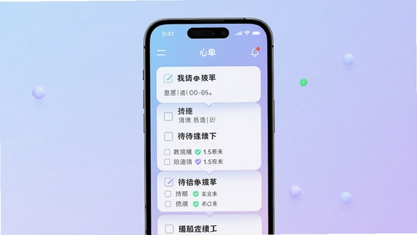 心愿清单APP主界面预览图,手机屏幕展示清单列表,背景为柔和的渐变蓝紫色,前景有清晰的待办事项卡片,整体风格简约现代,适配移动端竖屏展示