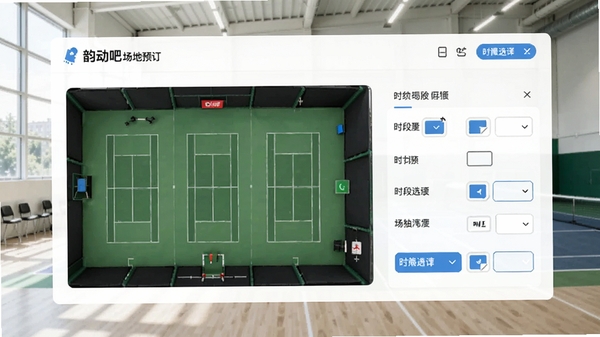 韵动吧场地预订功能界面，展示网球场地图和时段选择列表，背景为现代室内网球馆，光线明亮，界面设计简洁直观
