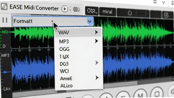 EASE Midi Converter软件中一个正在进行格式转换的操作界面特写,鼠标指针悬停在格式选择下拉菜单上,菜单中显示WAV、MP3、OGG等选项,背景是软件的波形显示区域,有绿色和蓝色的音频波形图,画面清晰明亮,突出功能选择过程。