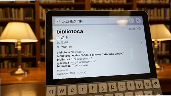 西语助手汉西西汉词典查词界面特写，屏幕显示单词“biblioteca”的详细释义，包括词性、例句、近义词等，旁边有搜索框和键盘，背景为图书馆书架，暖色调灯光，画面清晰，细节丰富