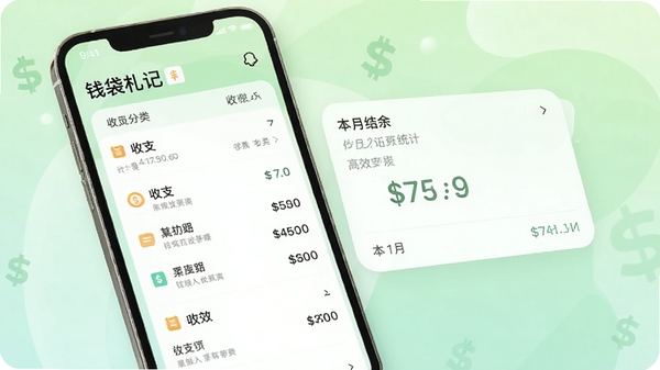 钱袋札记应用主界面预览图,手机屏幕展示清晰的收支分类列表和本月结余统计卡片,背景为柔和的浅绿色渐变,整体风格简约明亮,突出记账软件的清爽与高效