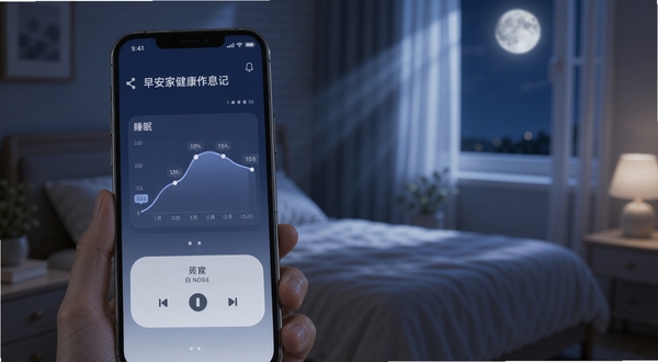 早安家健康作息记录界面,手机屏幕展示睡眠曲线图与白噪音播放器,背景为夜晚卧室,月光透过窗户洒入,画面宁静安详,色调偏冷但柔和