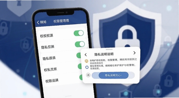 姨姆嫂隐私保护与权限管理界面，手机屏幕显示权限开关列表与隐私说明弹窗，背景为盾牌与锁形图标抽象背景，深蓝色调，突出姨姆嫂安全克制理念