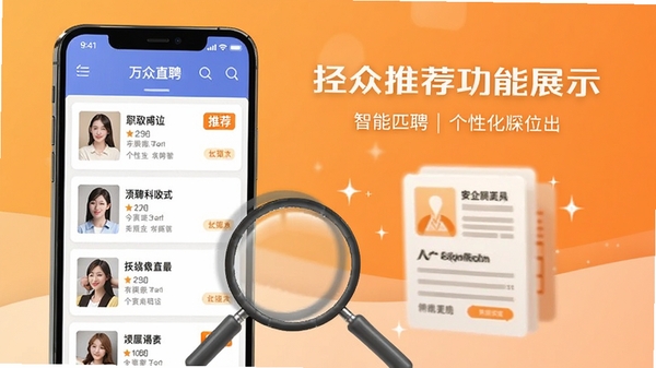 万众直聘智能推荐功能展示图,手机界面显示个性化职位列表,带有“推荐”标签,背景为温馨的橙色渐变,前景有放大镜和简历图标,突出智能匹配概念