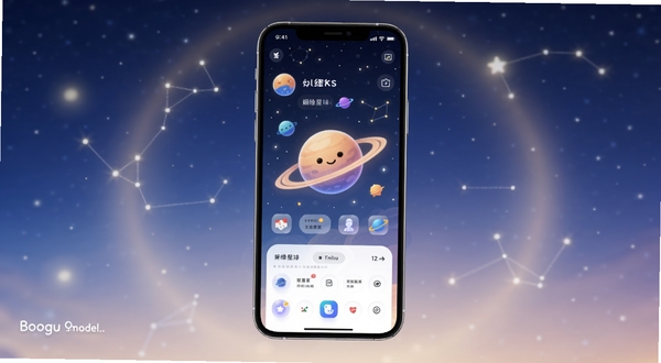 姻缘星球应用主界面全貌展示，画面中心为手机屏幕呈现星球主题UI，背景为深蓝色星空渐变，点缀柔和光晕与星座连线，整体风格神秘且温馨，适配Boogu模型生成
