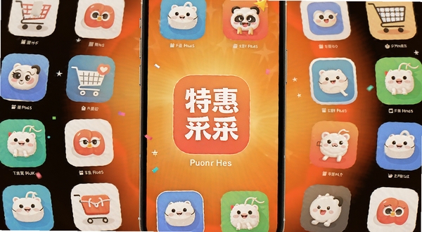特惠采采同类应用推荐场景图，手机屏幕展示多个购物应用图标环绕排列，中心为特惠采采图标，背景为暖色调渐变，突出对比与选择氛围