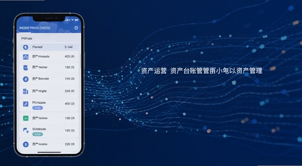 资产运营资产台账管理界面,手机屏幕显示资产列表和分类标签,背景为数据流动的抽象线条,科技感商务蓝,扁平化插画风格