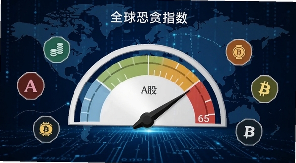 一款名为全球恐贪指数的手机应用主界面,画面中央显示一个巨大的半圆形仪表盘,指针指向65的贪婪区域,背景是深蓝色科技感数据流与全球地图轮廓,仪表盘周围环绕着美股、A股、黄金、比特币等资产图标,整体风格简洁专业,适配Boogu模型生成。
