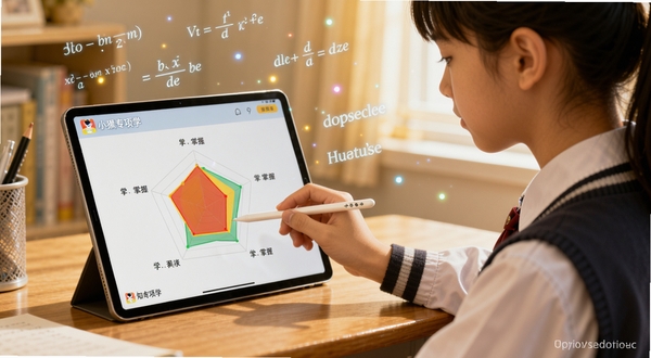 一位穿着校服的中学生坐在书桌前，面前平板电脑上显示着小猿专项学的学情雷达图，图中用红黄绿三色标注不同知识点的掌握程度，学生手持触控笔正在点击红色区域，周围漂浮着数学公式与英语单词的抽象光点，画面采用温暖明亮的色调，突出科技感与学习氛围的结合，软件名称以小字出现在屏幕角落