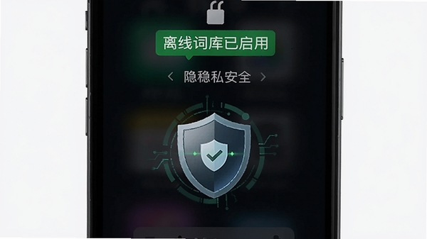 易纠错离线模式功能图，手机界面显示“离线词库已启用”的绿色标识，背景为深色锁屏风格，中央有一个盾牌图标，强调隐私安全，画面简洁有科技感