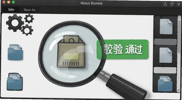 Nexus Rumble安装器资源校验功能的细节展示图，画面中有一个放大镜正在检查一个数据包图标，旁边显示校验通过的文字标签，背景是深灰色的工具面板风格，带有齿轮与文件图标点缀，整体视觉干净利落