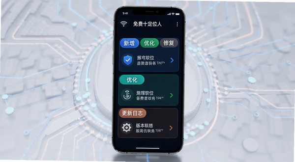 免费手机定位找人软件更新日志示意图，画面展示手机屏幕上显示版本更新内容列表，有新增、优化、修复三个分类标签，背景为深色科技感风格，突出软件迭代升级