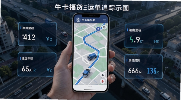 牛卡福货主运单追踪功能示意图，手机屏幕上显示地图路线与车辆图标，周围有数据面板展示速度里程，背景为城市道路俯瞰图，科技感强