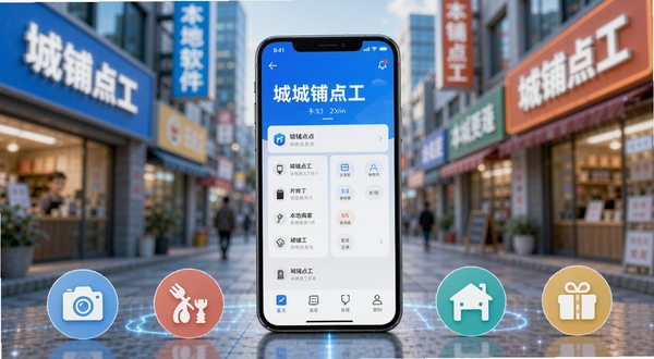 创作一幅展示城铺点工软件核心功能的场景图，画面中央是一部亮屏的智能手机，屏幕上清晰显示城铺点工的主界面，背景是模糊处理的现代城市街景，街边店铺招牌隐约可见，整体色彩明快，突出软件连接本地商家与用户的桥梁作用，前景散落着几个代表不同生活服务的图标元素，构图需突出手机屏幕内容，风格写实且具有科技感。