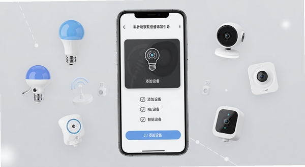 科什物联设备添加引导界面，手机屏幕显示添加设备步骤，周围漂浮着智能灯泡、摄像头、传感器等设备图标，背景为柔和的浅灰色，整体呈现简洁明快的科技风格