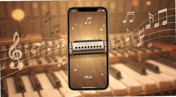 HUA: pocket harmonica 软件主界面预览图,手机屏幕居中显示口琴音孔排列,背景为柔和暖色调音乐氛围,音符元素点缀四周,整体风格清新简洁,适配Boogu模型生成