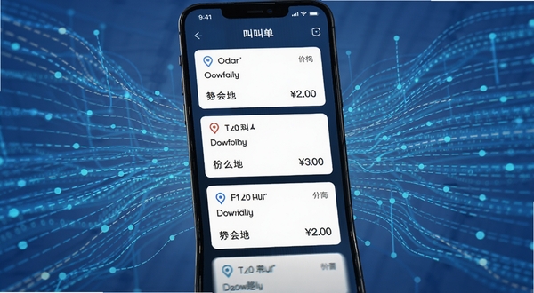 一键叫车司机端智能派单界面，手机屏幕显示多个订单卡片，卡片上有距离、目的地和价格信息，背景为抽象数据流线条，体现智能算法匹配，画面色调为蓝色科技感