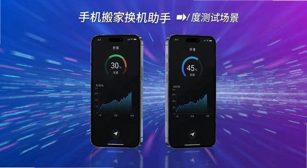 手机搬家换机助手速度测试场景，两部手机屏幕显示传输速率图表，背景有高速数据光带运动，强调速度和效率，画面动感，蓝紫色渐变色调，产品广告风格