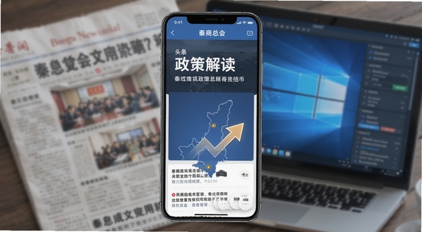 秦商总会应用资讯页面，手机屏幕显示新闻列表，头条区域为醒目的政策解读标题，下方配以陕西地图轮廓和上升箭头图标；背景为虚化的报纸与电子屏幕结合的纹理，体现信息聚合与权威发布的视觉感受，适合Boogu模型生成。