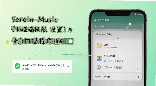 Serein-Music安卓手机端权限设置与音乐扫描操作指引图,画面主体为手机屏幕中部偏右,展示权限开关和文件夹选择界面,背景为浅绿色渐变区域,细节包含勾选框和路径文字
