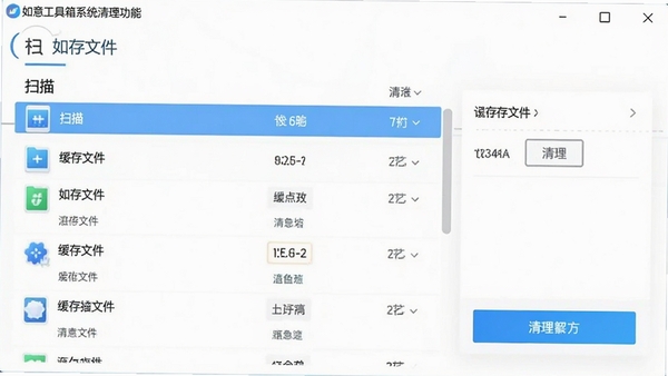 如意工具箱系统清理功能运行界面示意图,显示扫描出的缓存文件列表与清理按钮,界面风格干净明亮