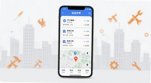 开工猫师傅接单端应用主界面展示，画面中央为手机屏幕，屏幕内呈现装修订单列表与地图找活功能，背景区域为浅灰色城市建筑剪影与橙色工具图标点缀，整体风格简洁明亮，突出蓝领工具类应用的专业感与实用感