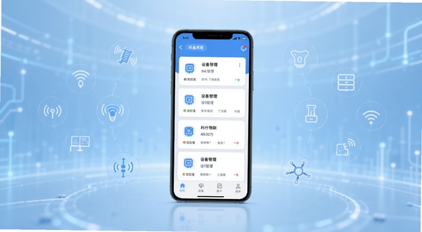 科什物联应用主界面全景展示，画面中心为手机屏幕内呈现的设备管理卡片列表，背景为浅蓝色科技感渐变空间，四周环绕简约的物联网图标元素，整体风格清爽现代，适配Boogu模型生成