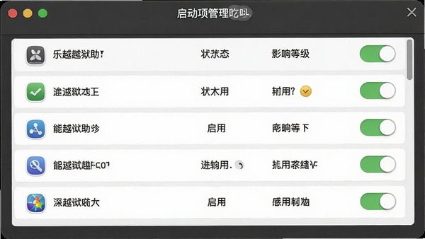 当乐越狱助手的启动项管理面板，以列表形式展示各个程序的名称、状态和影响等级，右侧提供启用或禁用的开关按钮，界面采用卡片式设计，便于区分