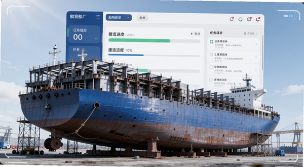 画面中央是一艘正在建造中的大型货轮分段，船体钢结构骨架清晰可见，背景是数智船厂移动端应用界面悬浮在半空，界面显示船舶建造进度条与任务列表，整体色调为工业蓝与科技银，光线明亮，写实风格，适配Boogu模型生成。