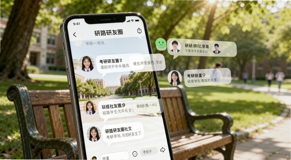 研路研友圈社交界面,手机屏幕展示考研学生在线交流的场景,头像和消息气泡悬浮,背景为大学校园长椅和绿树,阳光透过树叶洒下光斑