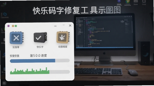 快乐码字修复工具示意图,显示系统组件安装进度条,背景为电脑桌面,色调沉稳