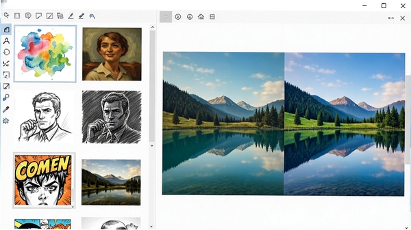 一张展示FotoSketcher软件中多种绘画风格预设的界面截图,画面左侧排列着水彩、油画、素描、漫画等风格缩略图,右侧显示同一张风景照片在不同风格下的效果对比,界面简洁清晰,色彩丰富,直观体现软件功能的多样性