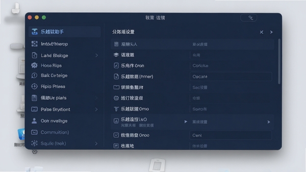 当乐越狱助手主界面截图，深蓝色调，左侧功能列表，右侧详细设置面板，整体风格简洁现代，窗口边缘带有柔和阴影，背景为浅灰色桌面环境
