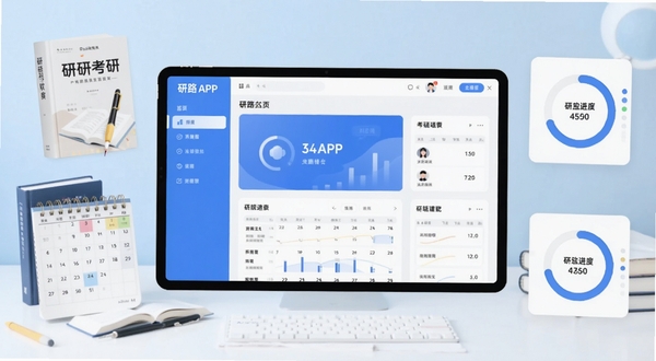 研路软件主界面全貌展示,画面中央为研路APP的首页仪表盘,背景为淡蓝色渐变的学习场景,周围环绕考研书籍、日历计划表、进度环形图等元素,整体风格清新简约,适配Boogu模型生成