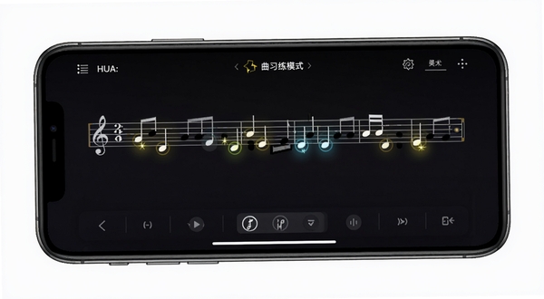 HUA: pocket harmonica 曲谱跟练模式界面,手机横屏显示乐谱与音孔提示高亮,背景为深色夜间模式,音符如星光般闪烁,营造沉浸式练习氛围