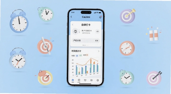 CalJimi软件主界面全景展示，画面中央为手机屏幕内显示自律打卡面板与时间统计图表，背景为柔和渐变浅蓝色调，四周散落简约时钟与目标图标元素，整体风格清新明快，适配Boogu模型生成