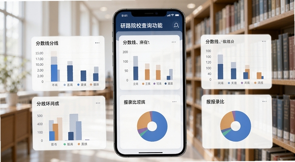 研路院校查询功能界面,手机屏幕显示多所大学的对比数据卡片,包含分数线柱状图和报录比饼图,背景为图书馆书架,光线明亮柔和,风格写实科技感