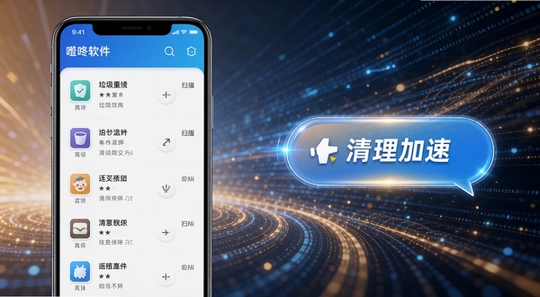 噔咚软件智能清理功能预览图,画面左侧为手机界面,展示扫描到的垃圾文件列表,右侧为清理加速按钮,背景采用动感的光效与数据流线条,强调软件的清理速度和性能提升效果