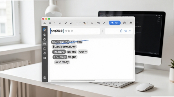 快乐码字主界面预览图,展示整洁的输入工具栏和联想词条,背景为现代简约办公桌,浅色调,光线明亮