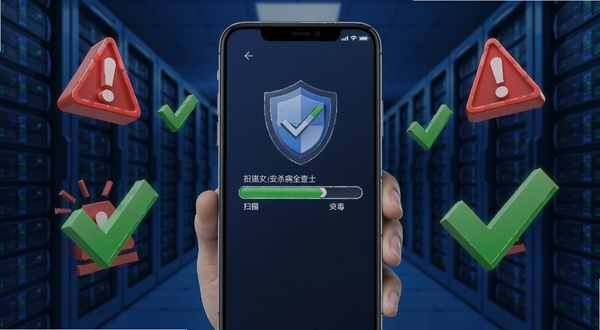 日丰安全卫士病毒查杀功能演示，手机界面显示扫描进度条，周围有立体红色警报图标和绿色对勾，背景为深蓝色数据中心风格，突出安全防护力量感，画面清晰细致