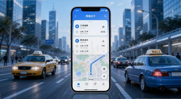 摩登出行APP首页界面展示，画面中央是手机屏幕显示订单列表与地图导航，背景为城市道路与出租车元素，整体色调为蓝白渐变，科技感与出行场景融合，高清渲染风格