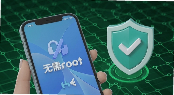 手机搬家换机助手特权展示，手机界面显示无需root字样，旁边有盾牌图标代表安全，背景为绿色科技网格，简洁明了，3d图标设计风格