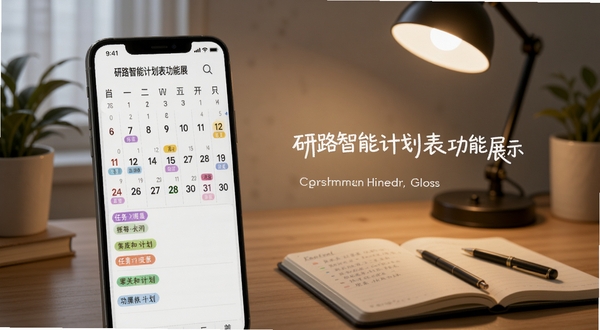 研路智能计划表功能展示,手机界面呈现日历视图与任务列表,不同科目用彩色标签区分,背景为书桌场景,有台灯和笔记本,氛围专注安静