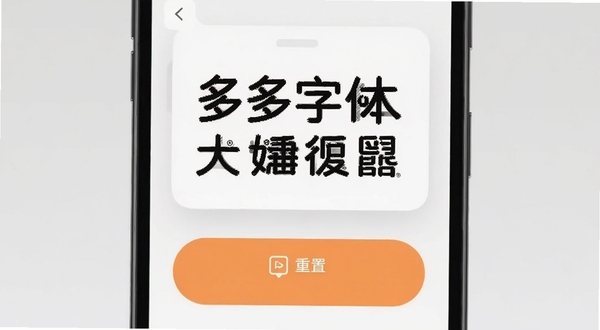 多多字体放大实时预览与恢复功能界面，画面展示手机屏幕上方悬浮预览窗，下方有醒目的重置按钮，背景为淡灰色，突出便捷操作与后悔药功能