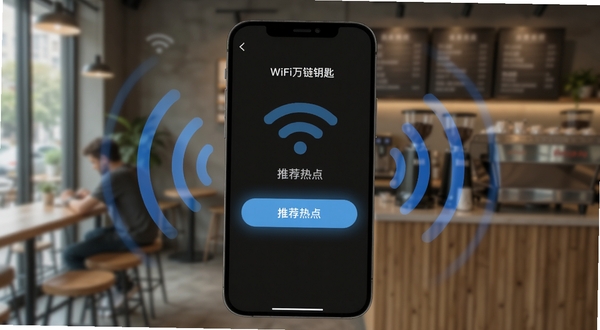WiFi万链钥匙正在扫描附近WiFi信号的界面截图,周围有多个无线信号波纹动画,背景为模糊的咖啡厅环境,界面高亮显示推荐热点的连接按钮,整体色调清新写实,突出软件名称