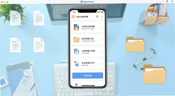 OpenConvert 软件主界面全貌展示,画面中央为手机屏幕正视图,屏幕内呈现文件格式转换功能列表与转换按钮,背景为浅蓝色渐变办公桌面场景,桌面散落文档图标与文件夹元素,整体风格简洁明亮,适配 Boogu 模型生成