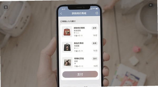 拼购特价商城订单确认与支付页面,手机屏幕竖版构图,画面中心显示商品清单和支付按钮,背景为浅灰色简洁风格,屏幕上方有拼购特价商城标题栏,整体色调柔和,适配Boogu模型生成