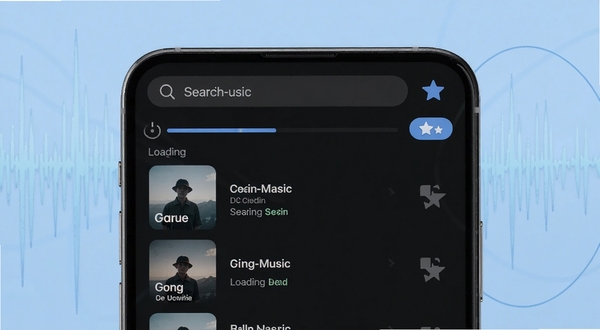 Serein-Music软件内在线歌单搜索与同步功能示意图,画面主体为手机屏幕中上部,屏幕显示搜索框和歌单列表,背景为淡蓝色抽象声波纹理区域,细节包含加载进度条和收藏按钮